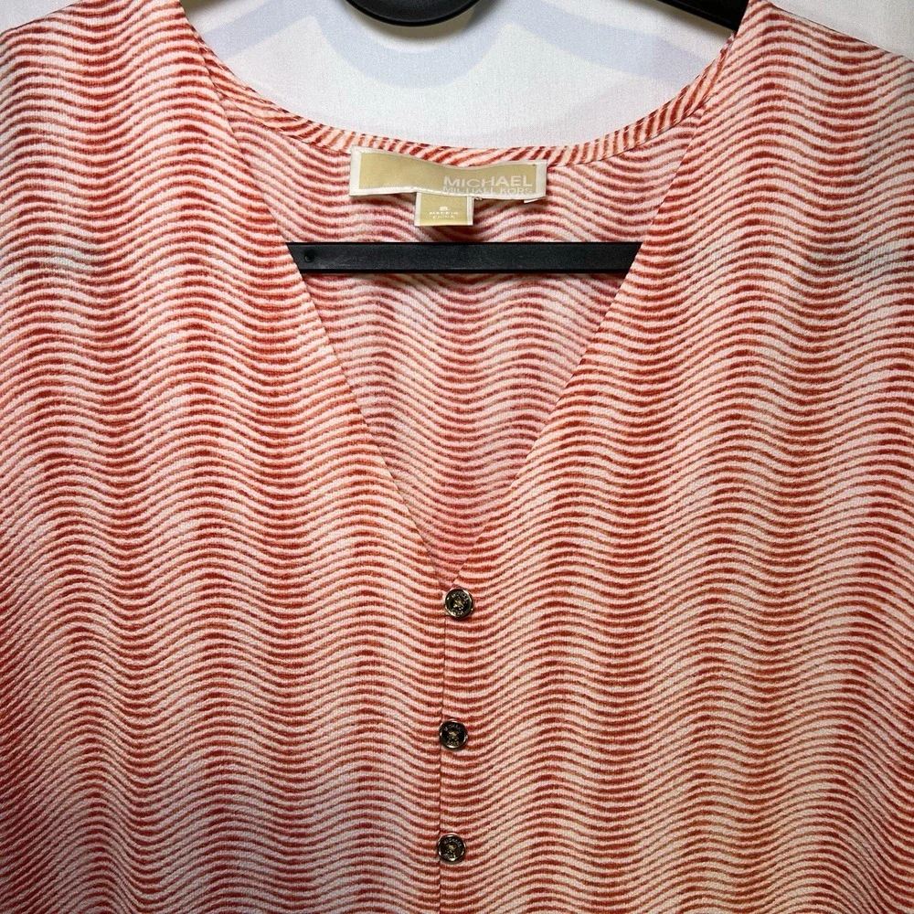 MICHAEL Michael Kors Button Front Tie Blouse Orange Printed,‎ Size Small